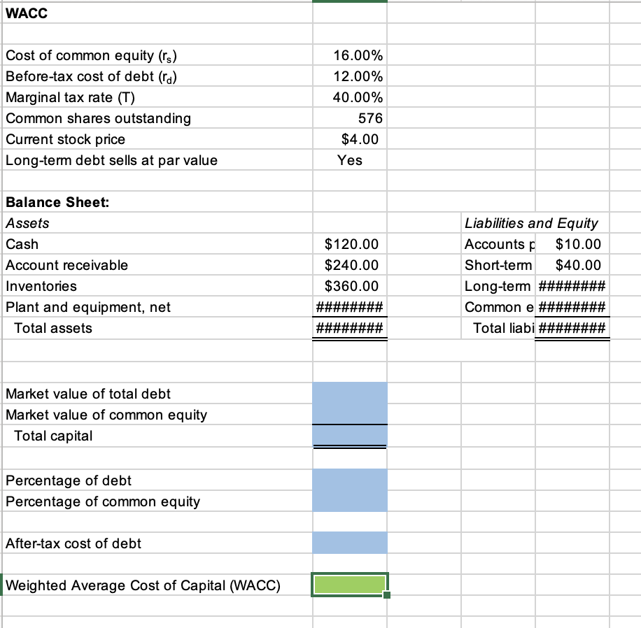 find wacc with formulas | Chegg.com