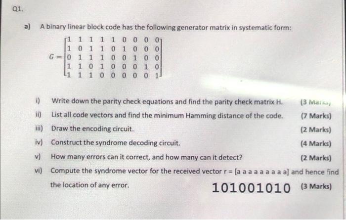 Solved Q1. A) A Binary Linear Block Code Has The Following | Chegg.com