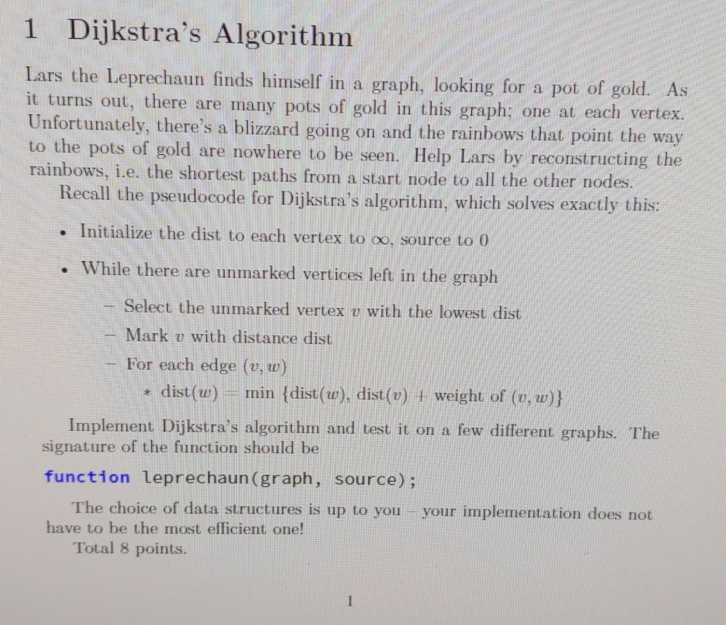 Solved 1 Dijkstra's Algorithm Lars the Leprechaun finds | Chegg.com