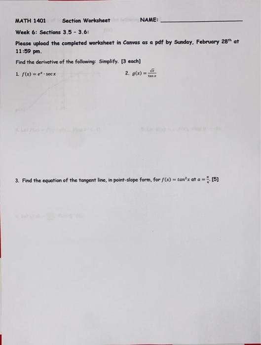 Solved Math 1401 Section Worksheet Name Week 6 Sections Chegg Com