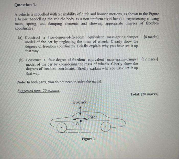 A vehicle is modelled with a capability of pitch and bounce motions, as shown in the Figure 1 below. Modelling the vehicle bo