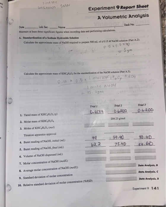 Solved An Find The Unknown Solar Experiment 9 Report Sheet A Chegg Com