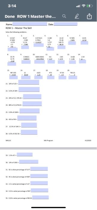 3 14 Done ROW 1 Master the a Date Name ROW 1 Chegg