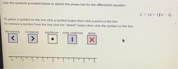 Use the symbols provided below to sketch the phase line for the differential equation
\[
x=(x+1)(x-2)
\]
To place a symbol on