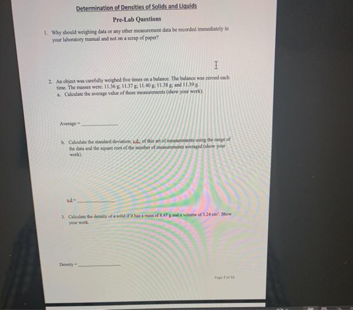 Solved Determination of Densities of Solids and Liquids