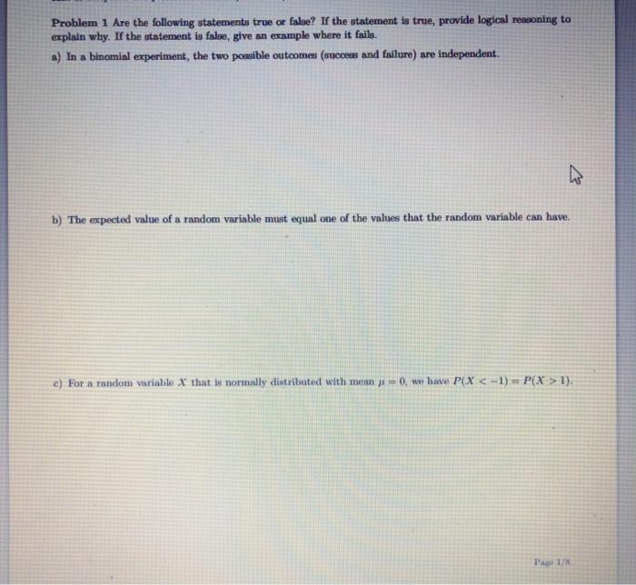 Solved Problem 1 Are the following statements true or false? | Chegg.com
