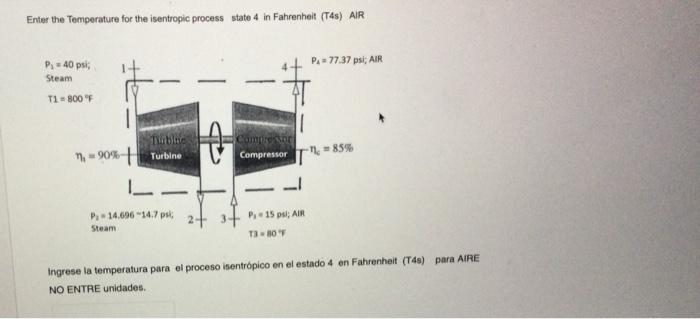 Enter the Temperature for the isentropic process state 4 in Fahrenheit (T4s) AIR P₁ = 40 psi; Steam T1= 800 °F Turbine 1,= 90