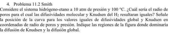 4. Problema 11.2 Smith Considere el sistema hidrógeno-etano a 10 atm de presión y \( 100^{\circ} \mathrm{C} \). ¿Cuál sería e