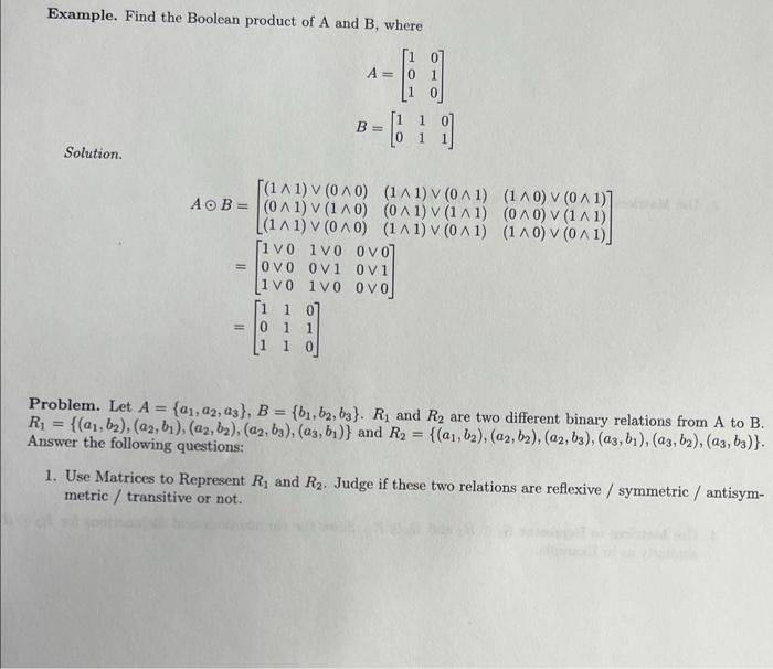 Solved Example. Find the Boolean product of A and B, where | Chegg.com