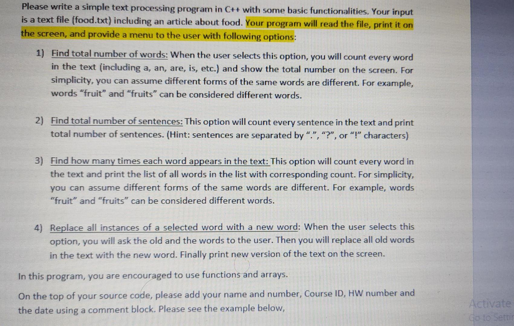 Solved Please write a simple text processing program in C++ | Chegg.com