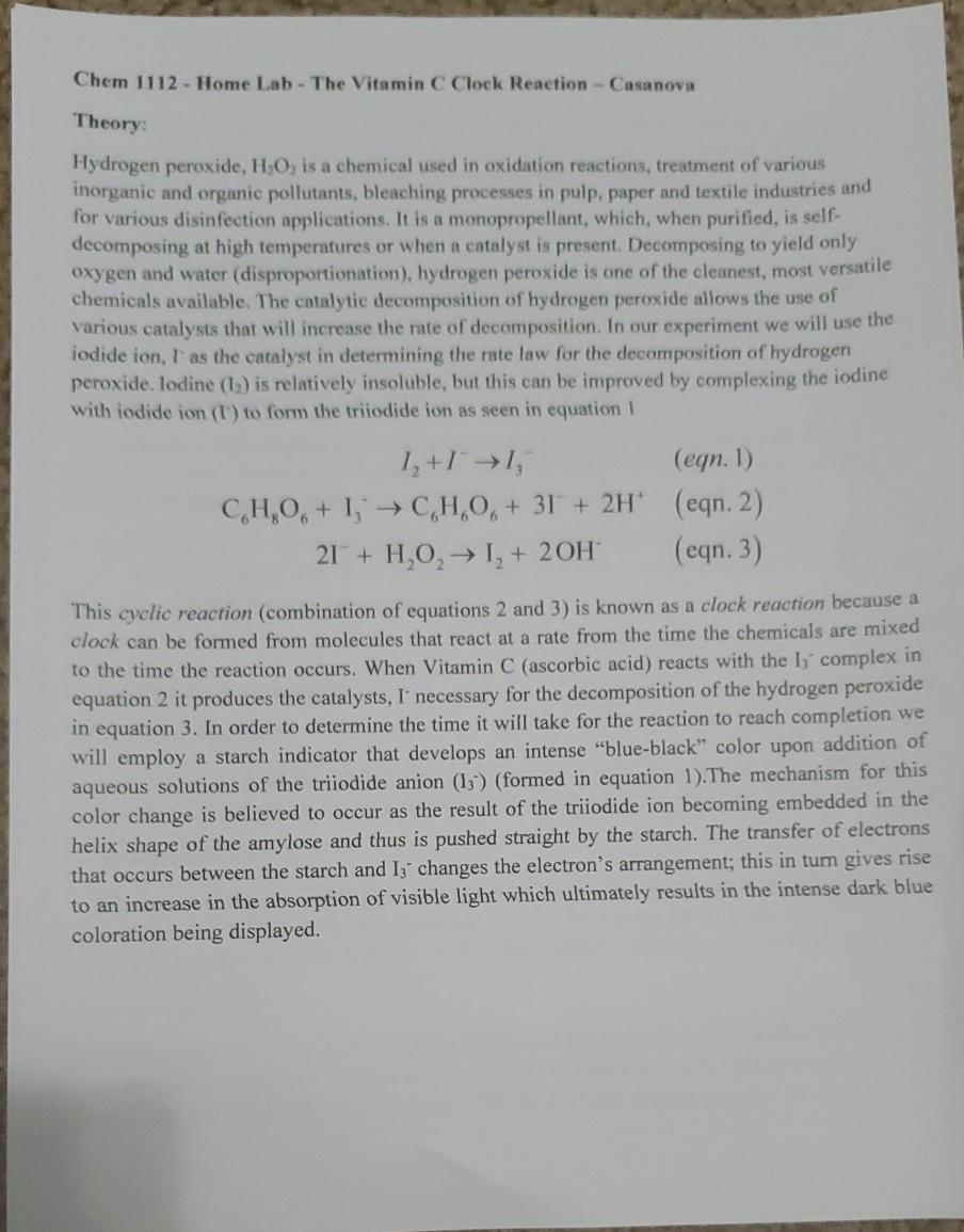 Solved Chem 1112 Home Lab The Vitamin C Clock Reaction