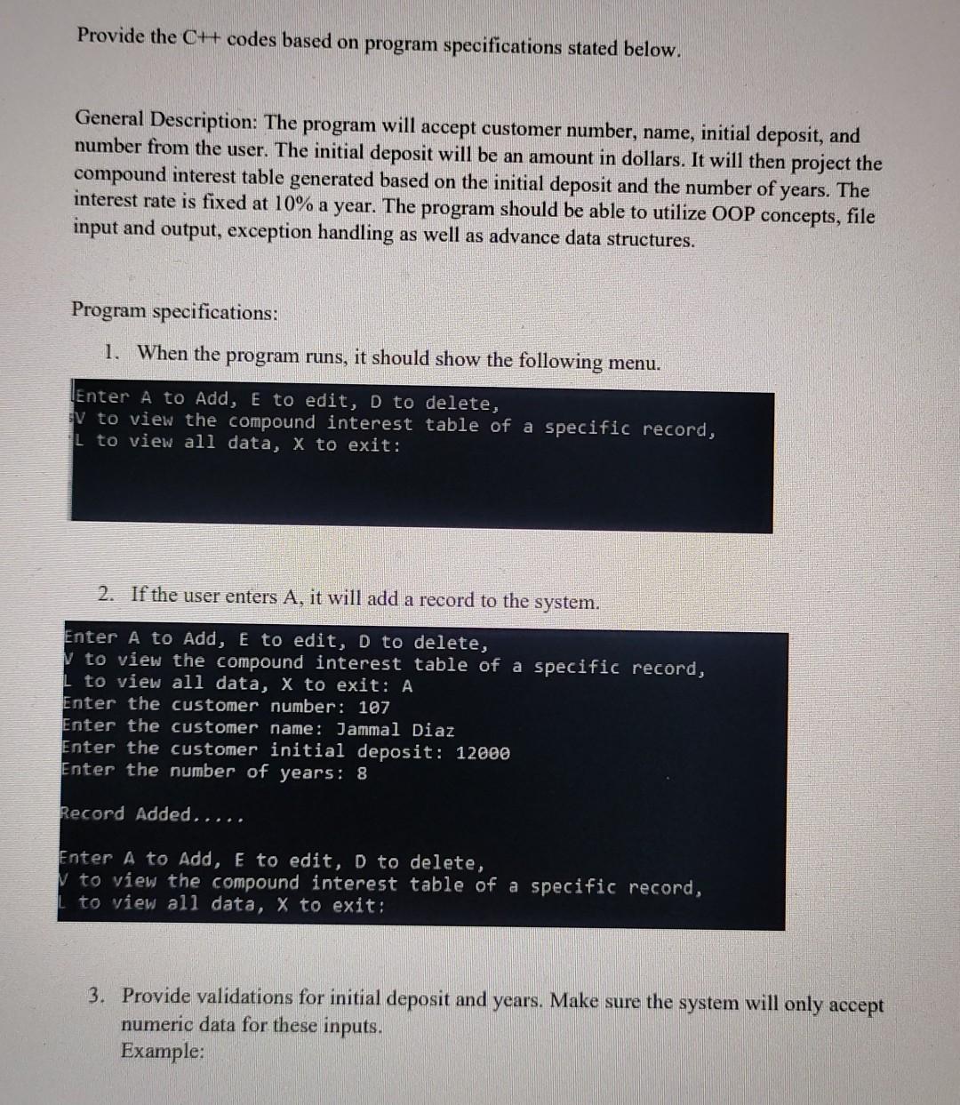 Solved Provide the C++ codes based on program specifications | Chegg.com
