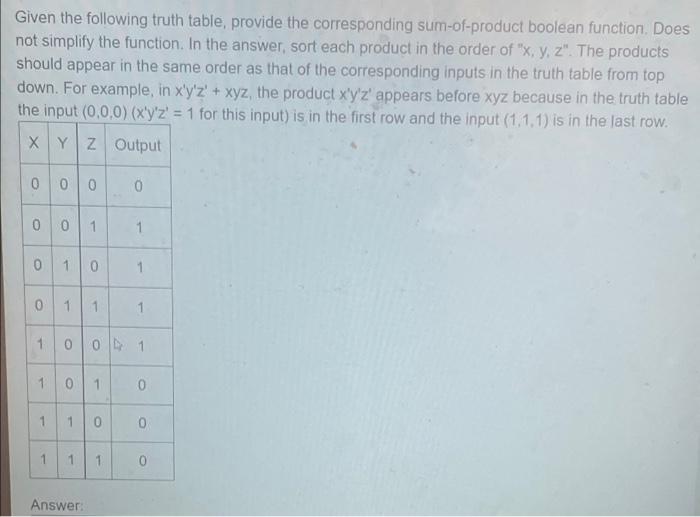 Solved Given the following truth table, provide the | Chegg.com