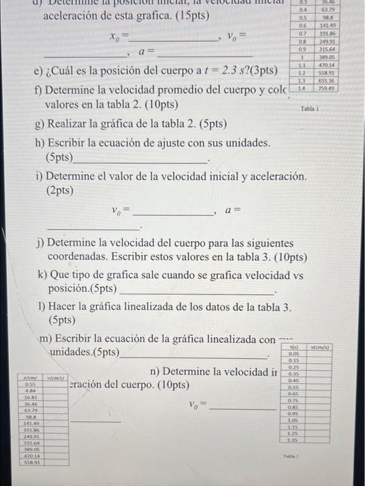 e) ¿Cuál es la posición del cuerpo a \( t=2.3 \mathrm{~s} ?(3 \mathrm{pts}) \) f) Determine la velocidad promedio del cuerpo