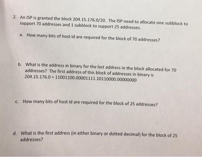 Solved 2. An ISP Is Granted The Block 204.15.176.0/20. The | Chegg.com