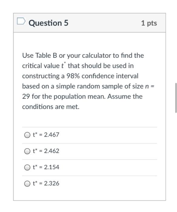 Solved D Question 5 1 pts Use Table B or your calculator to | Chegg.com