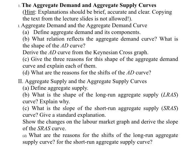 Solved 1. The Aggregate Demand And Aggregate Supply Curves | Chegg.com