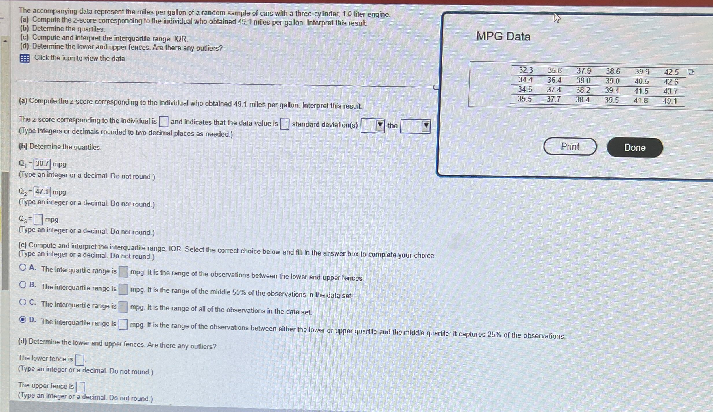 Solved The accompanying data represent the miles per gallon | Chegg.com
