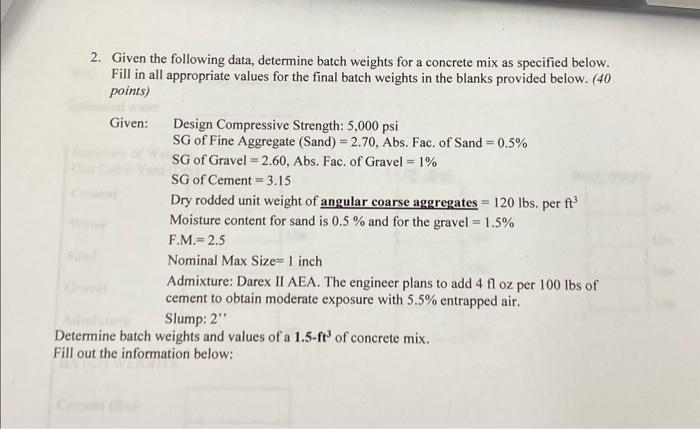 Solved 2. Given the following data, determine batch weights | Chegg.com
