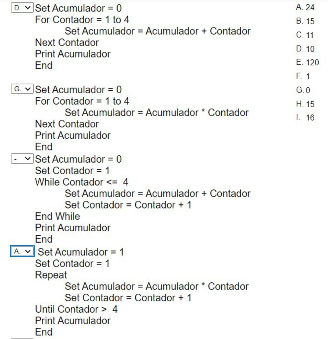 Solved D. Set Acumulador = 0 For Contador = 1 to 4 Set | Chegg.com