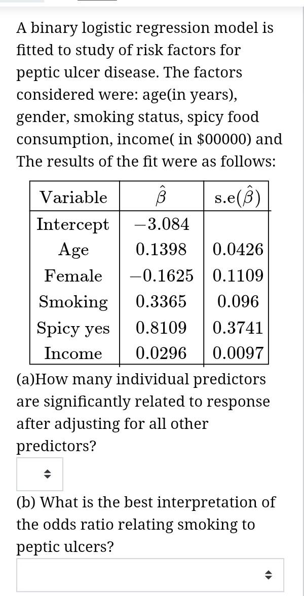 Solved A Binary Logistic Regression Model Is Fitted To Study | Chegg.com