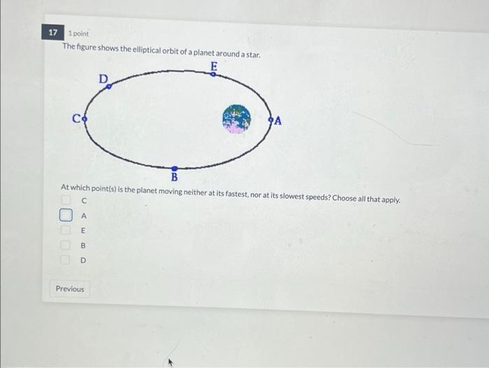 The figure shows the elliptical orbit of a planet around a star.
At which point(s) is the planet moving neither at its fastes