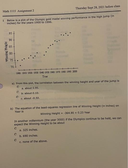 Solved 1 Below Is A Plot Of The Olymplc Gold Medal Winning | Chegg.com