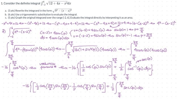 Solved Integral of sqrt(12+4x-x^2) from -2 to 6 using trig | Chegg.com