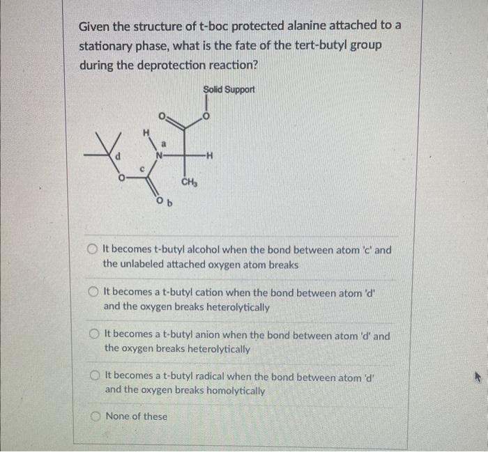 Given the structure of t-boc protected alanine attached to a stationary phase, what is the fate of the tert-butyl group durin
