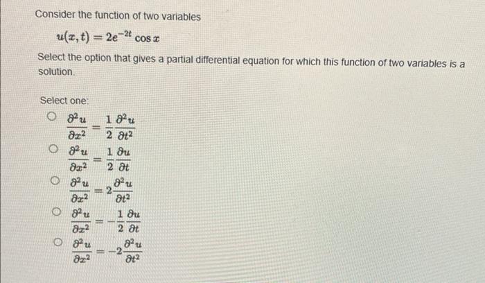 Solved Consider the function of two variables u(x, t) = 2e-2 | Chegg.com