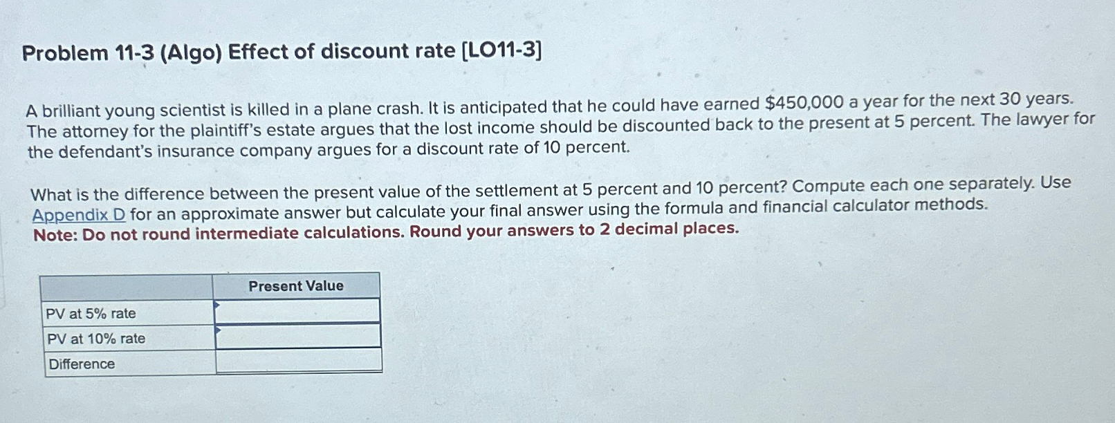 Solved Problem 11-3 (Algo) ﻿Effect of discount rate | Chegg.com