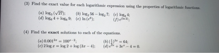 Solved (3) Find the exact value for each logarithmic | Chegg.com