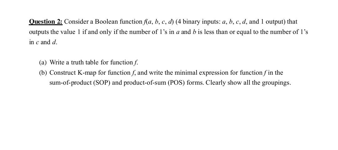 Solved Question 2: Consider A Boolean Function F(a,b,c,d) (4 | Chegg.com