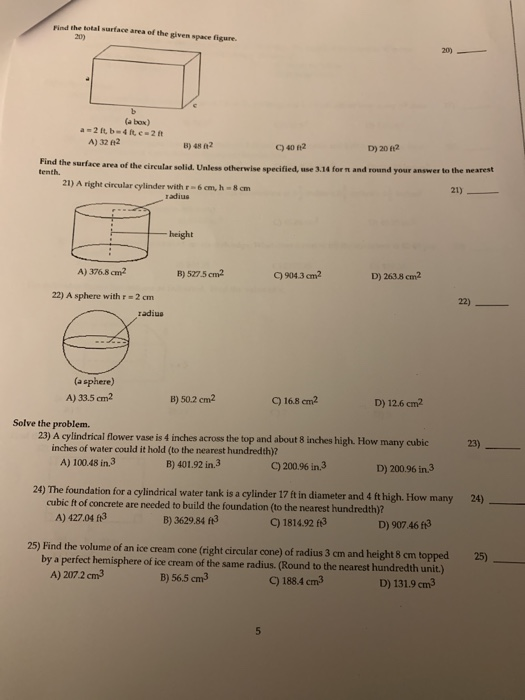 Solved Find the total surface area the given space figure (a | Chegg.com