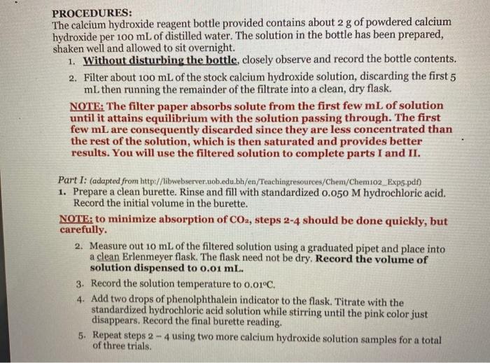 Solved . Results Part 1 Ksp Of Ca(OH)2 Calculations Co
