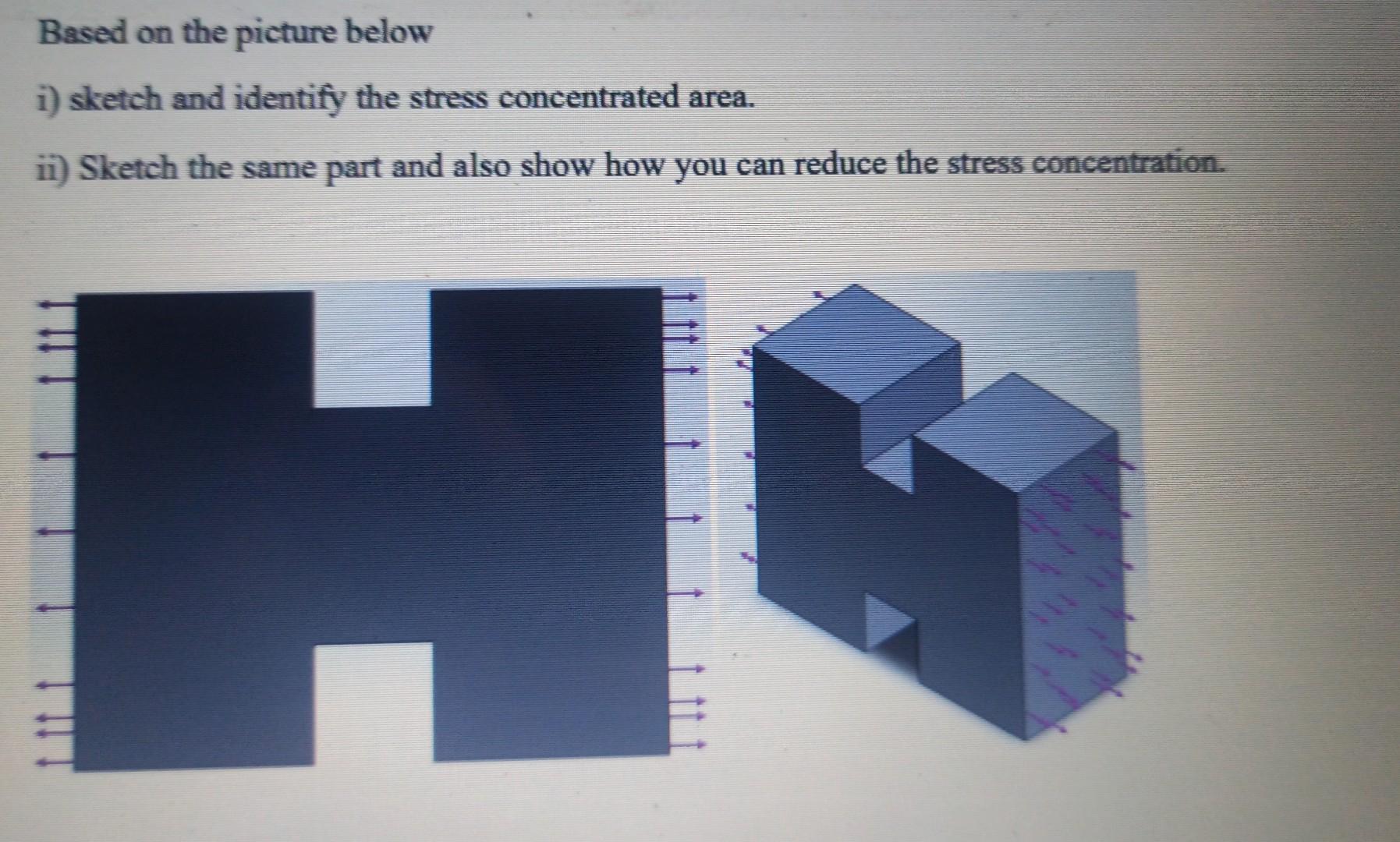 Based on the picture below
i) sketch and identify the stress concentrated area.
ii) Sketch the same part and also show how yo