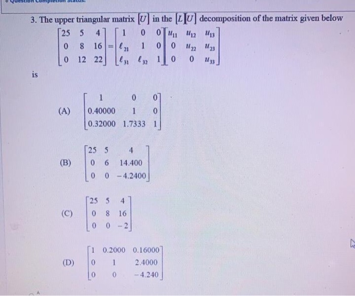 Solved 1 3. The upper triangular matrix [u] in the (1 [u] | Chegg.com