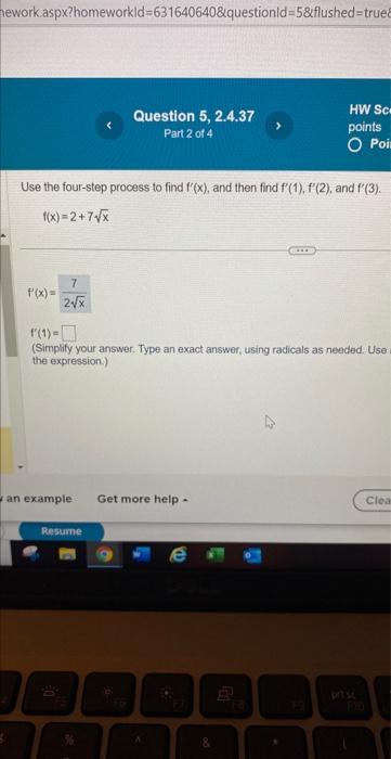 Use the four-step process to find \( f^{\prime}(x) \), and then find \( f^{\prime}(1), f^{\prime}(2) \), and \( f^{\prime}(3)