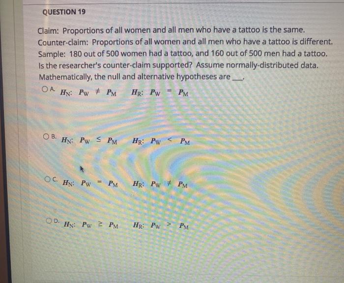 Solved QUESTION 19 Claim: Proportions of all women and all | Chegg.com