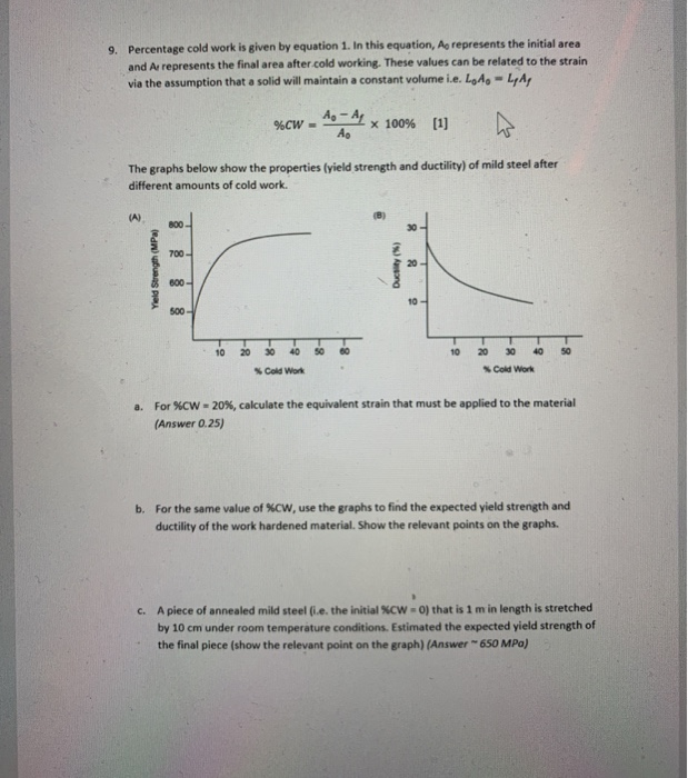 Solved 9. Percentage cold work is given by equation 1. In