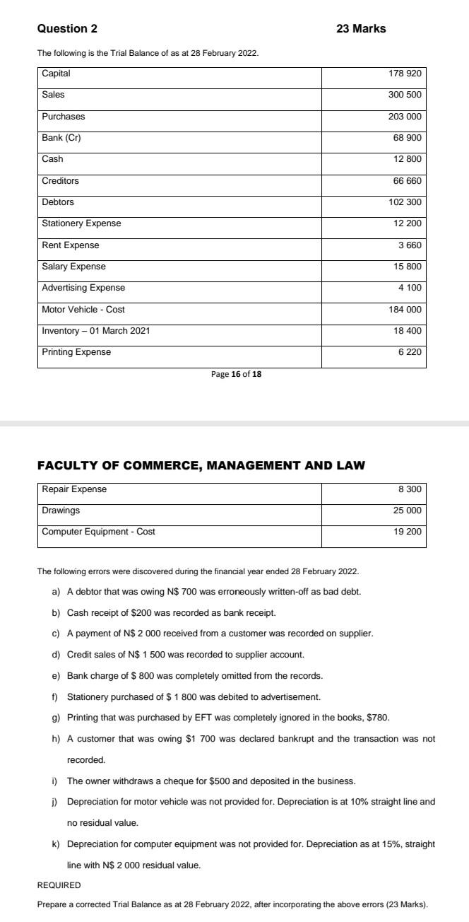 Solved Question 2 The following is the Trial Balance of as Chegg