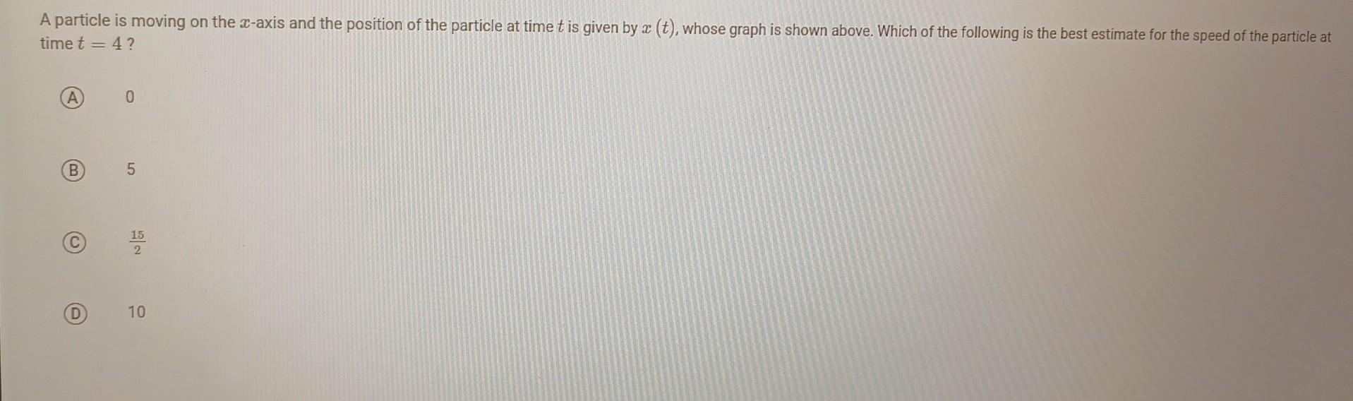 time \( t=4 \) ?
(A) 0
(B) 5
(C) \( \frac{15}{2} \)
10