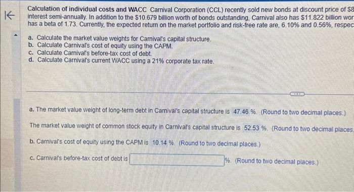 Calculation Of Individual Costs And WACC Carnival | Chegg.com