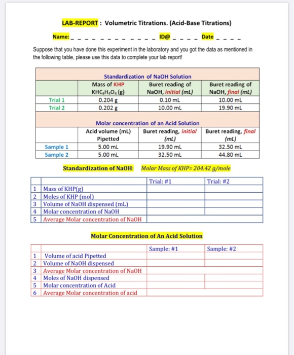 Solved LABREPORT Volumetric Titrations. (AcidBase