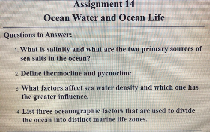 Solved Assignment 14 Ocean Water And Ocean Life Questions Chegg Com