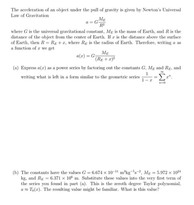 Solved Me The Acceleration Of An Object Under The Pull Of Chegg Com