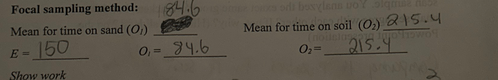 Solved Focal sampling method:Mean for time on sand (Ol) q, | Chegg.com