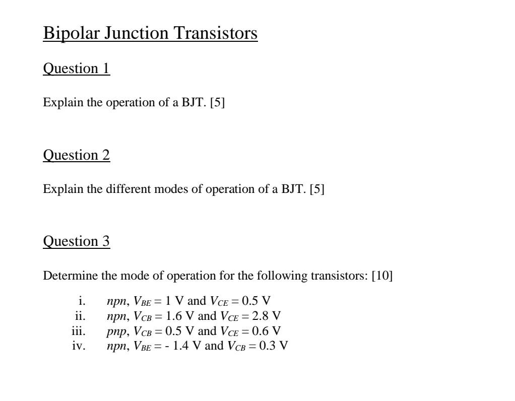Solved Bipolar Junction Transistors Question 1 Explain the