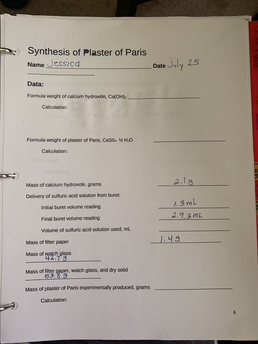 Solved Calculations Theoretical mass of plaster of Paris,
