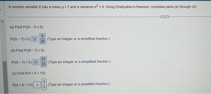Solved A random variable X has a mean μ=7 and a variance | Chegg.com